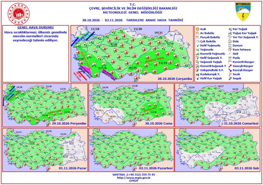 İşte il il, bölge bölge haritalarla 5 günlük hava durumu tahminleri... 28 Ekim - 3 Kasım tarihleri arası hava durumu tahmini haritaları