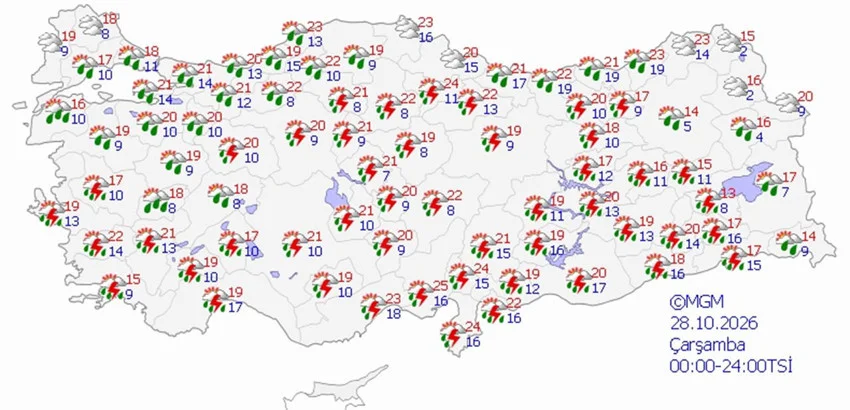 28 Ekim Çarşamba hava durumu tahmini haritası