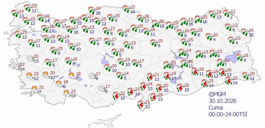 30 Ekim Cuma hava durumu tahmini haritası