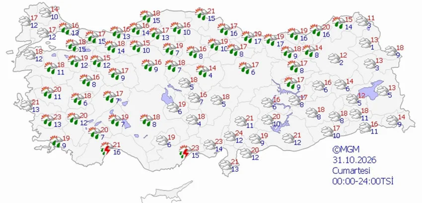 31 Ekim Cumartesi hava durumu tahmini haritası