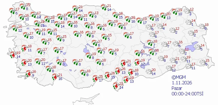 1 Kasım Pazar hava durumu tahmini haritası