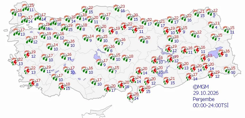 29 Ekim Perşembe hava durumu tahmini haritası
