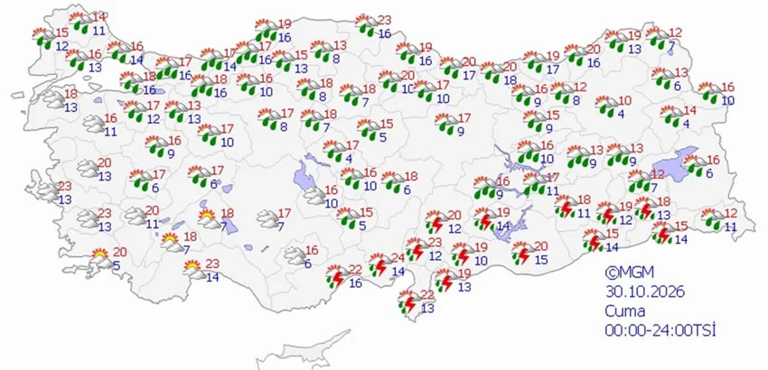 30 Ekim Cuma hava durumu tahmini haritası