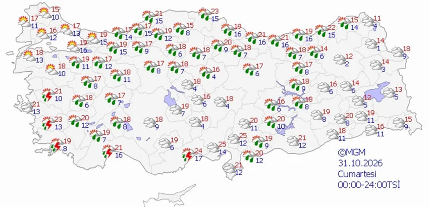 31 Ekim Cumartesi hava durumu tahmini haritası