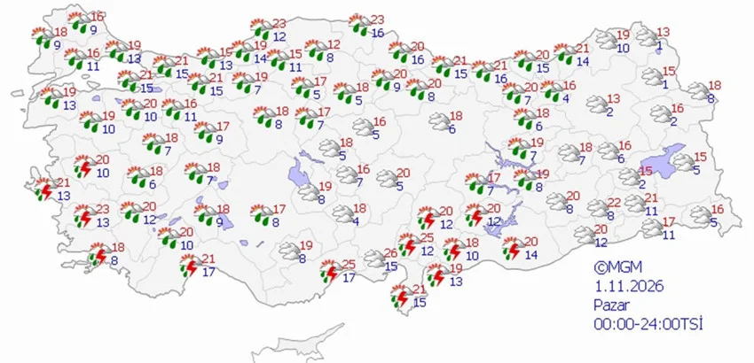 1 Kasım Pazar hava durumu tahmini haritası