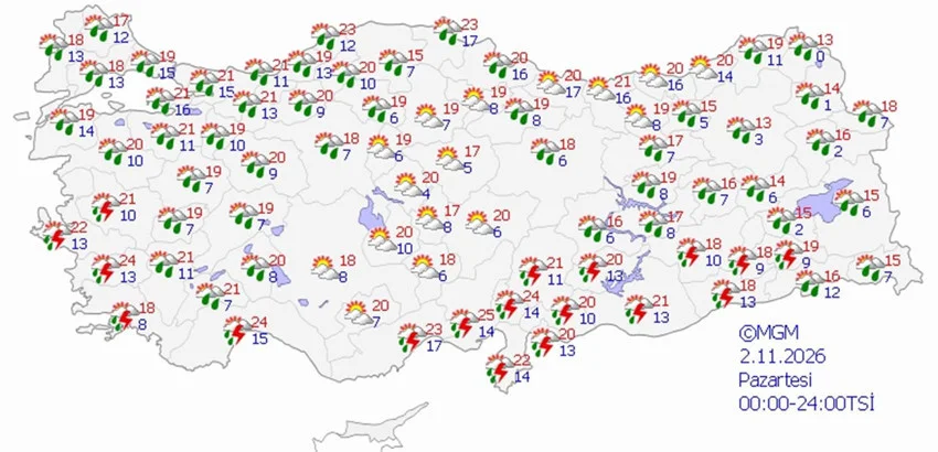 2 Kasım Pazartesi hava durumu tahmini haritası