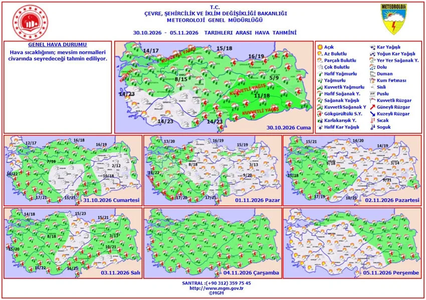 İşte il il, bölge bölge haritalarla 5 günlük hava durumu tahminleri... 30 Ekim - 5 Kasım tarihleri arası hava durumu tahmini haritaları