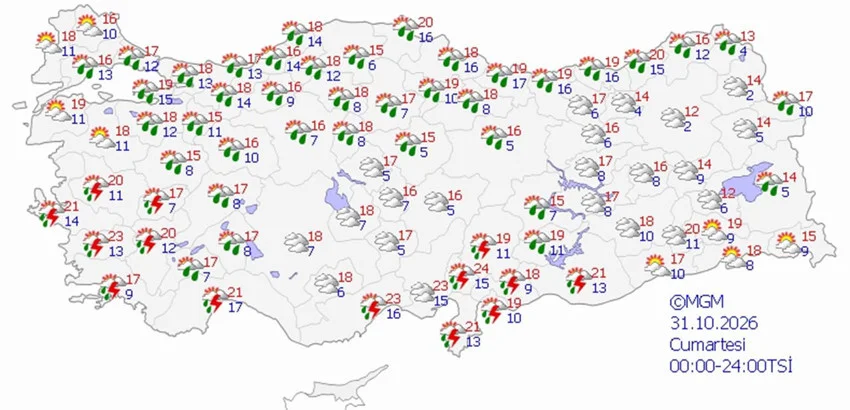 31 Ekim Cumartesi hava durumu tahmini haritası