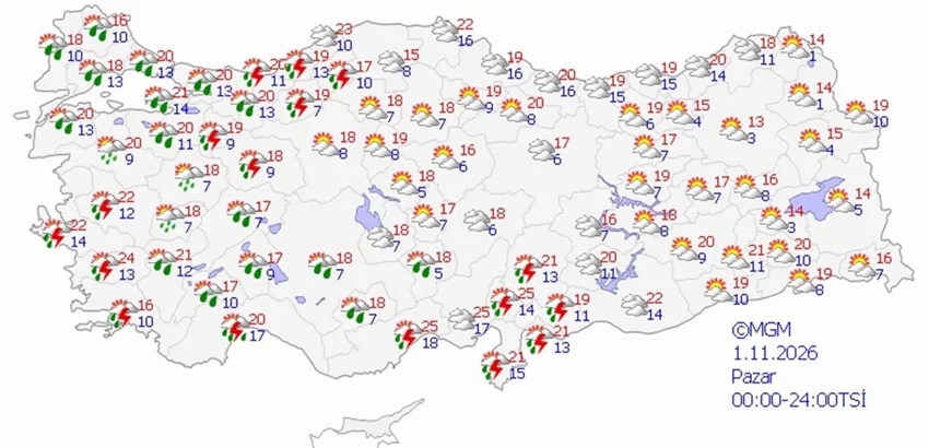 1 Kasım Pazar hava durumu tahmini haritası