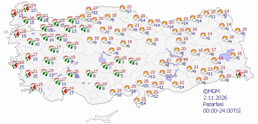2 Kasım Pazartesi hava durumu tahmini haritası