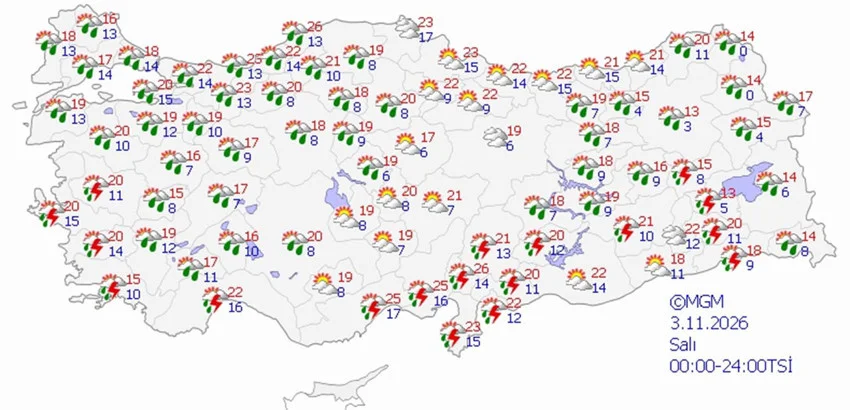 3 Kasım Salı hava durumu tahmini haritası