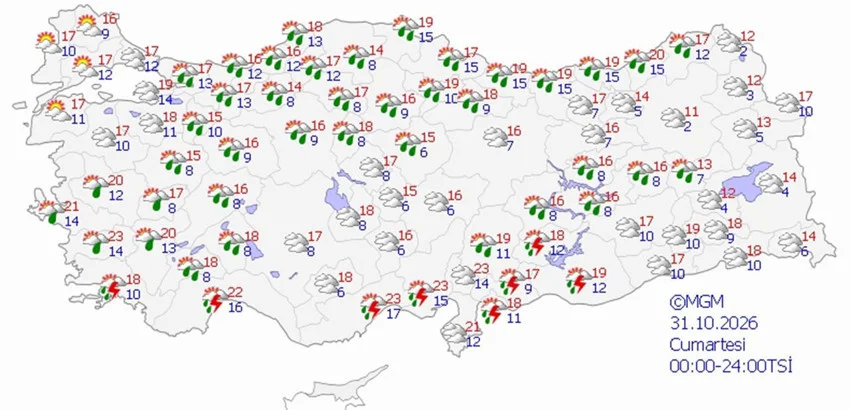 31 Ekim Cumartesi hava durumu tahmini haritası