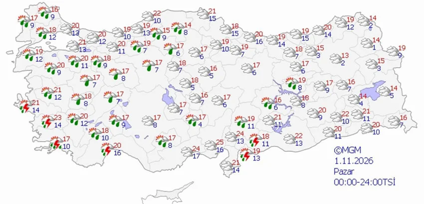 1 Kasım Pazar hava durumu tahmini haritası