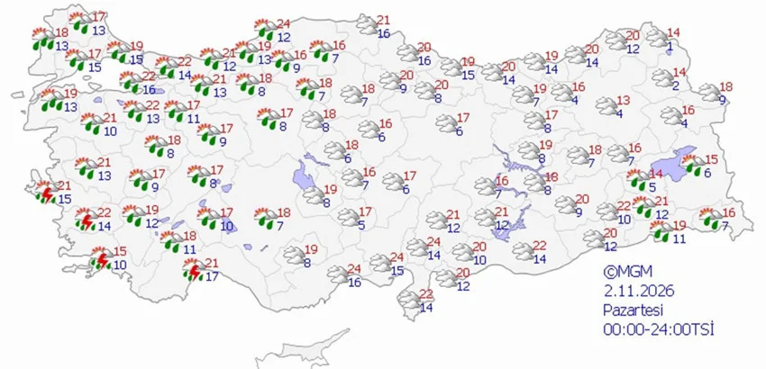 2 Kasım Pazartesi hava durumu tahmini haritası