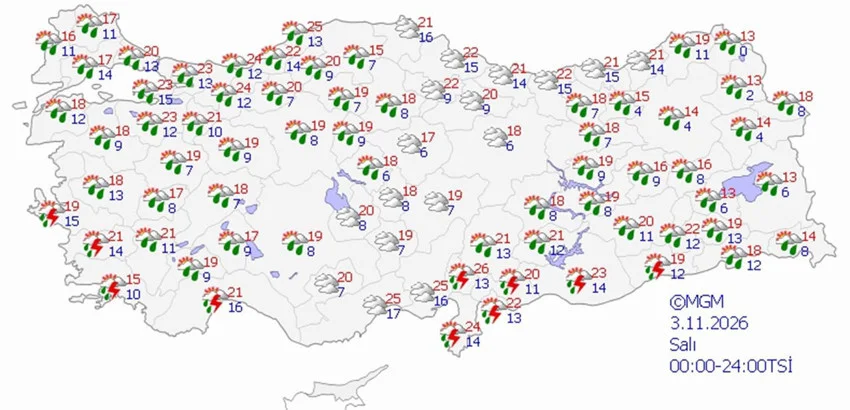 3 Kasım Salı hava durumu tahmini haritası