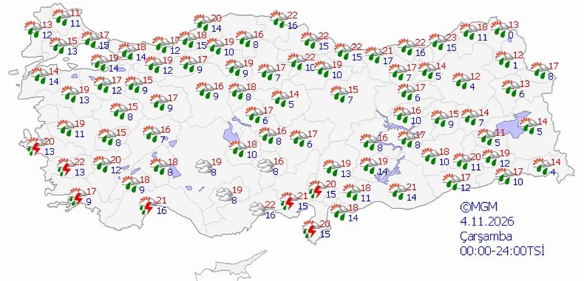 4 Kasım Çarşamba hava durumu tahmini haritası